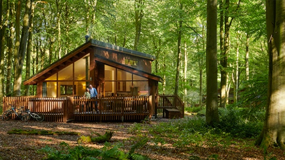 An image of a log cabin in a wood which is part of a Peter Rabbit themed Forest Holiday
