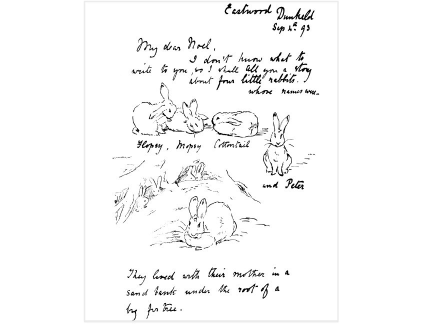 An image of a picture letter that Beatrix sent to her former governess' son Noel in 1893, which tells the story of a mischievous rabbit called Peter. Image courtesy of Frederick Warne & Co.